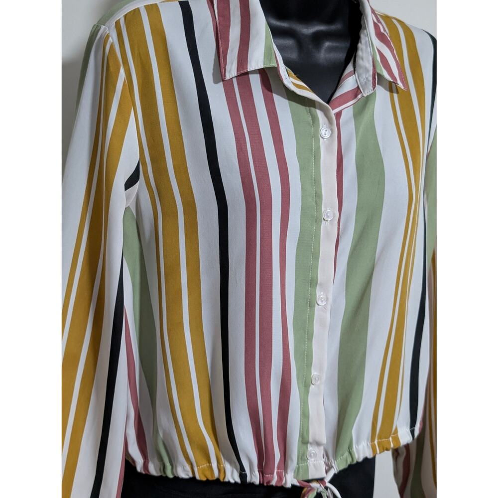 Timing Multicolor Striped Button Down Blouse Tie … - image 4